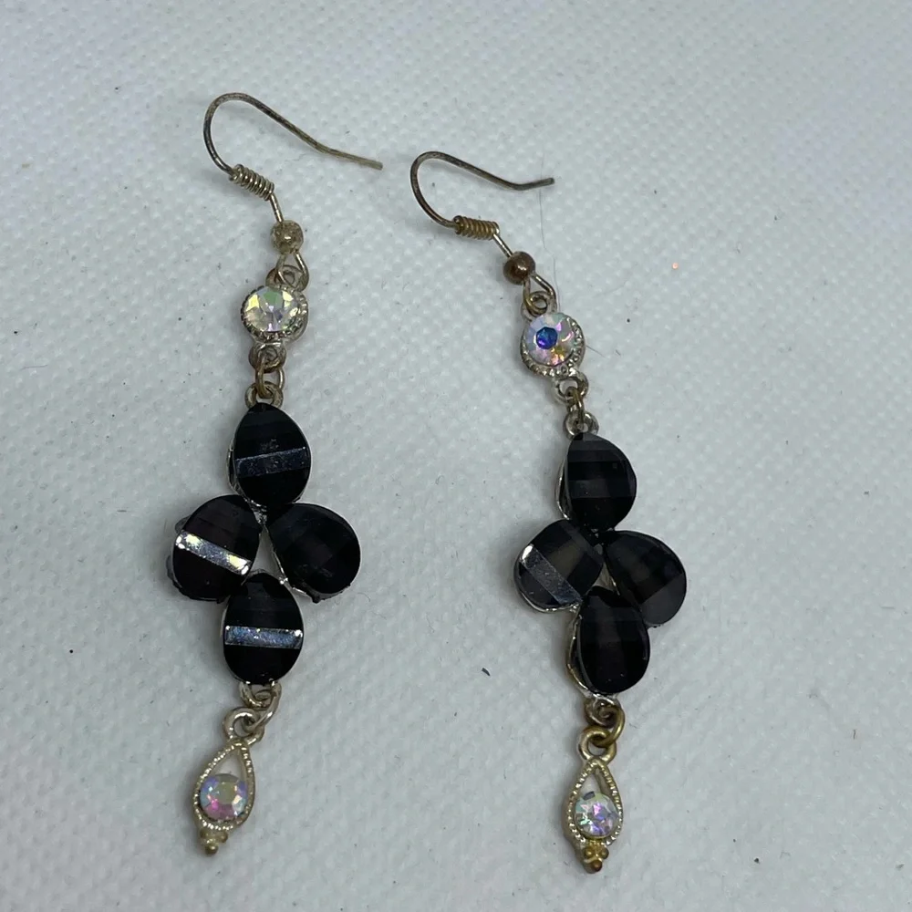 Crystal black stone earrings costume jewelry dangle light weight 3x1 inches appx - Picture 2 of 5